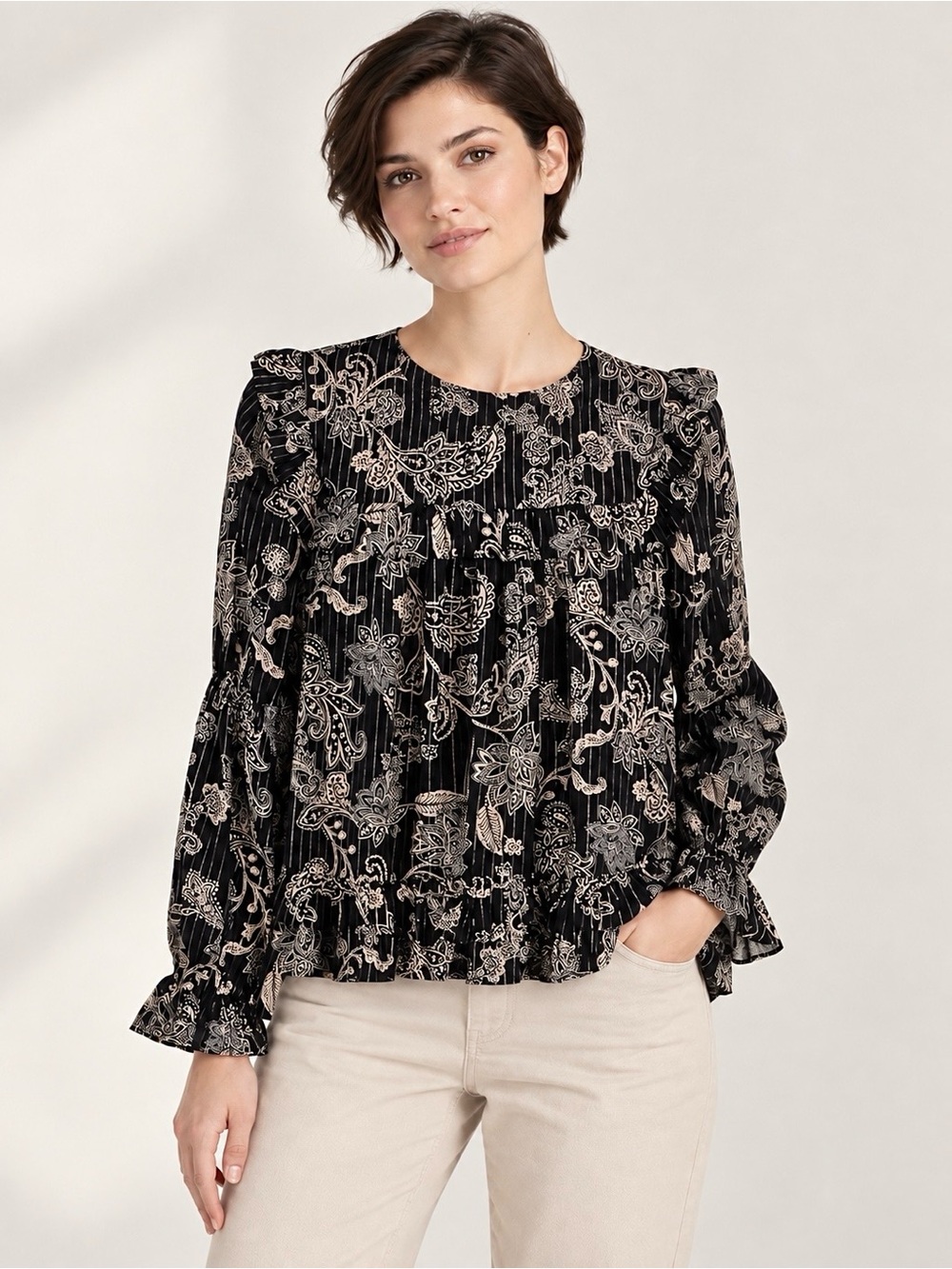 Everleigh Boho Blouse Tiered Ruffle Hem Gold Tone Metallic Threads Long Sleeve